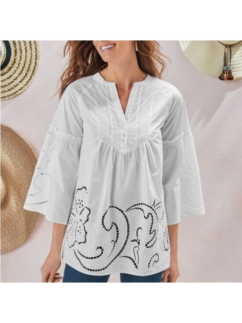 Soft Surroundings Flora Eterna White Embroidered Cut Out Tunic Size Large EUC - Picture 10 of 11